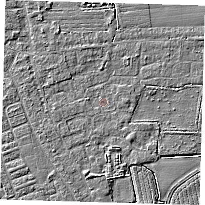 Shaded relief map of the ground around PE210LT, computed from Environment Agency LiDAR. The ground here sits at about 2 m above sea level and falls 5 m across the surrounding 800 m. Surface water reaching this point runs off ground lying to the west-south-west, 1.1 m higher.