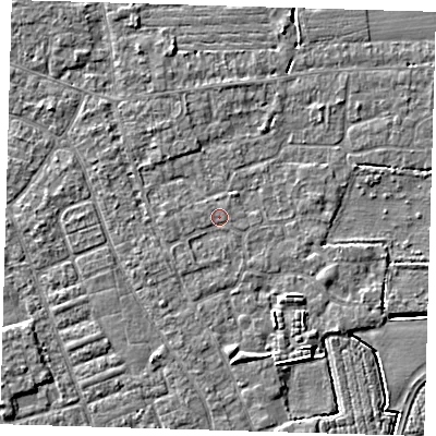 Shaded relief map of the ground around PE210LU, computed from Environment Agency LiDAR. The ground here sits at about 2 m above sea level and falls 4 m across the surrounding 800 m. Surface water reaching this point runs off ground lying to the south, 2.2 m higher.