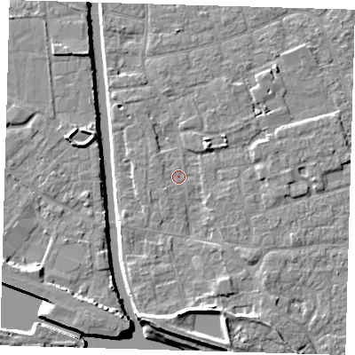 Shaded relief map of the ground around PE210LW, computed from Environment Agency LiDAR. The ground here sits at about 2 m above sea level and falls 7 m across the surrounding 800 m. Surface water reaching this point runs off ground lying to the south-south-east, 4.6 m higher.