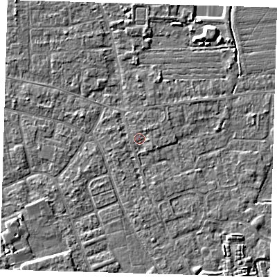 Shaded relief map of the ground around PE210LX, computed from Environment Agency LiDAR. The ground here sits at about 2 m above sea level and falls 5 m across the surrounding 800 m. Surface water reaching this point runs off ground lying to the north-east, 0.9 m higher.