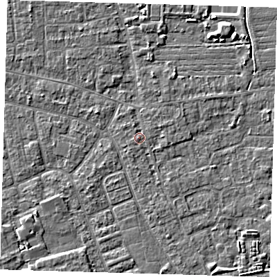 Shaded relief map of the ground around PE210LY, computed from Environment Agency LiDAR. The ground here sits at about 3 m above sea level and falls 5 m across the surrounding 800 m. Surface water reaching this point runs off ground lying to the west, 0.7 m higher.