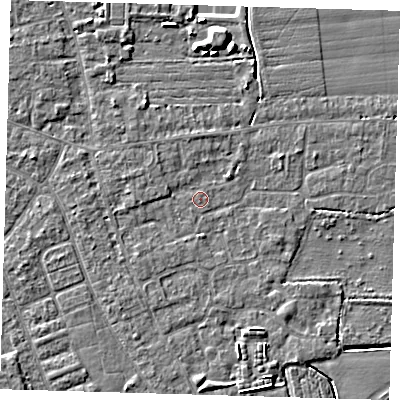 Shaded relief map of the ground around PE210LZ, computed from Environment Agency LiDAR. The ground here sits at about 2 m above sea level and falls 5 m across the surrounding 800 m. Surface water reaching this point runs off ground lying to the west-north-west, 1.0 m higher.