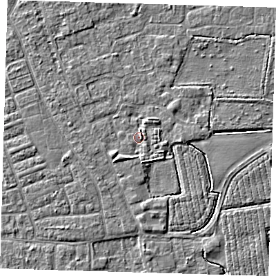 Shaded relief map of the ground around PE210NA, computed from Environment Agency LiDAR. The ground here sits at about 2 m above sea level and falls 4 m across the surrounding 800 m. Surface water reaching this point runs off ground lying to the south-west, 2.0 m higher.