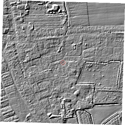 Shaded relief map of the ground around PE210NB, computed from Environment Agency LiDAR. The ground here sits at about 2 m above sea level and falls 5 m across the surrounding 800 m. Surface water reaching this point runs off ground lying to the south-west, 1.1 m higher.
