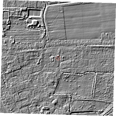 Shaded relief map of the ground around PE210ND, computed from Environment Agency LiDAR. The ground here sits at about 2 m above sea level and falls 5 m across the surrounding 800 m. Surface water reaching this point runs off ground lying to the east, 0.8 m higher.