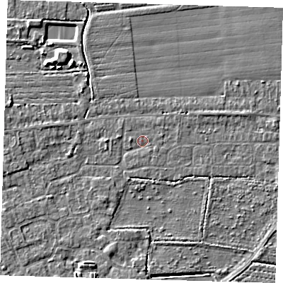 Shaded relief map of the ground around PE210NE, computed from Environment Agency LiDAR. The ground here sits at about 2 m above sea level and falls 5 m across the surrounding 800 m. Surface water reaching this point runs off ground lying to the east-north-east, 0.6 m higher.