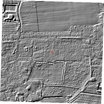 Shaded relief map of the ground around PE210NG, computed from Environment Agency LiDAR. The ground here sits at about 3 m above sea level and falls 5 m across the surrounding 800 m. The ground contributing surface water to this point lies to the north.
