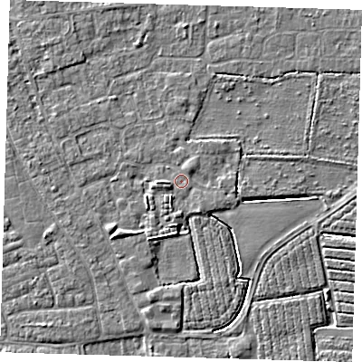 Shaded relief map of the ground around PE210NJ, computed from Environment Agency LiDAR. The ground here sits at about 2 m above sea level and falls 4 m across the surrounding 800 m. Surface water reaching this point runs off ground lying to the south-south-west, 1.1 m higher.