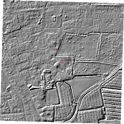 Shaded relief map of the ground around PE210NL, computed from Environment Agency LiDAR. The ground here sits at about 3 m above sea level and falls 4 m across the surrounding 800 m. The ground contributing surface water to this point lies to the south-west.