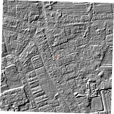Shaded relief map of the ground around PE210NN, computed from Environment Agency LiDAR. The ground here sits at about 2 m above sea level and falls 3 m across the surrounding 800 m. Surface water reaching this point runs off ground lying to the south-east, 0.7 m higher.