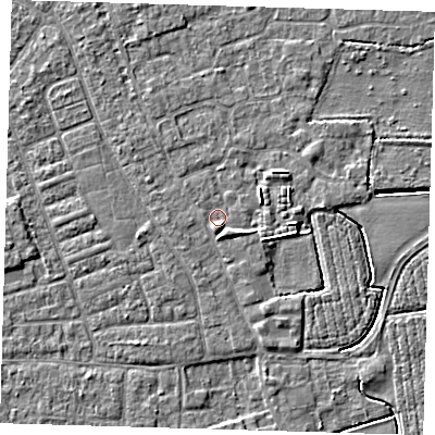 Shaded relief map of the ground around PE210NP, computed from Environment Agency LiDAR. The ground here sits at about 2 m above sea level and falls 4 m across the surrounding 800 m. Surface water reaching this point runs off ground lying to the south-south-east, 1.4 m higher.