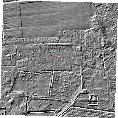 Shaded relief map of the ground around PE210NQ, computed from Environment Agency LiDAR. The ground here sits at about 2 m above sea level and falls 5 m across the surrounding 800 m. Surface water reaching this point runs off ground lying to the north-north-east, 0.8 m higher.