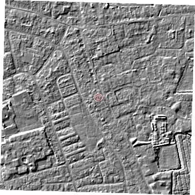 Shaded relief map of the ground around PE210NS, computed from Environment Agency LiDAR. The ground here sits at about 3 m above sea level and falls 3 m across the surrounding 800 m. The ground contributing surface water to this point lies to the east.