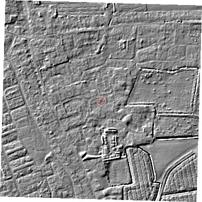 Shaded relief map of the ground around PE210NT, computed from Environment Agency LiDAR. The ground here sits at about 2 m above sea level and falls 4 m across the surrounding 800 m. Surface water reaching this point runs off ground lying to the south-west, 0.7 m higher.