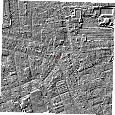 Shaded relief map of the ground around PE210NU, computed from Environment Agency LiDAR. The ground here sits at about 2 m above sea level and falls 5 m across the surrounding 800 m. Surface water reaching this point runs off ground lying to the north-west, 2.1 m higher.