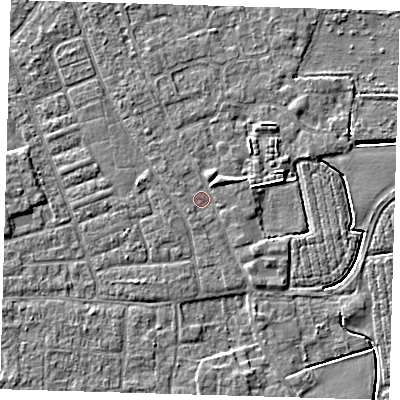 Shaded relief map of the ground around PE210NW, computed from Environment Agency LiDAR. The ground here sits at about 2 m above sea level and falls 4 m across the surrounding 800 m. Surface water reaching this point runs off ground lying to the north-east, 1.7 m higher.