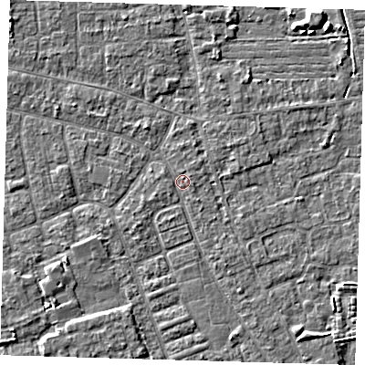 Shaded relief map of the ground around PE210NX, computed from Environment Agency LiDAR. The ground here sits at about 2 m above sea level and falls 4 m across the surrounding 800 m. Surface water reaching this point runs off ground lying to the south-south-west, 1.7 m higher.