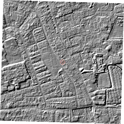 Shaded relief map of the ground around PE210NY, computed from Environment Agency LiDAR. The ground here sits at about 3 m above sea level and falls 4 m across the surrounding 800 m. Surface water reaching this point runs off ground lying to the south, 1.0 m higher.