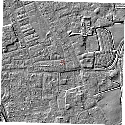 Shaded relief map of the ground around PE210NZ, computed from Environment Agency LiDAR. The ground here sits at about 3 m above sea level and falls 5 m across the surrounding 800 m. Surface water reaching this point runs off ground lying to the north, 0.7 m higher.