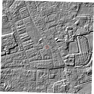 Shaded relief map of the ground around PE210PA, computed from Environment Agency LiDAR. The ground here sits at about 3 m above sea level and falls 4 m across the surrounding 800 m. The ground contributing surface water to this point lies to the north-north-east.