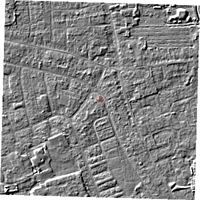 Shaded relief map of the ground around PE210PB, computed from Environment Agency LiDAR. The ground here sits at about 3 m above sea level and falls 4 m across the surrounding 800 m. Surface water reaching this point runs off ground lying to the south-south-west, 1.7 m higher.