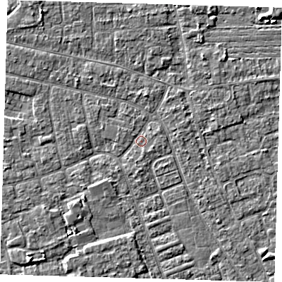 Shaded relief map of the ground around PE210PD, computed from Environment Agency LiDAR. The ground here sits at about 2 m above sea level and falls 4 m across the surrounding 800 m. Surface water reaching this point runs off ground lying to the south, 1.7 m higher.