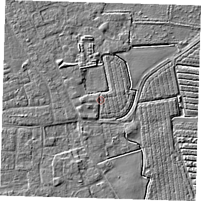 Shaded relief map of the ground around PE210PE, computed from Environment Agency LiDAR. The ground here sits at about 2 m above sea level and falls 4 m across the surrounding 800 m. Surface water reaching this point runs off ground lying to the west, 1.1 m higher.