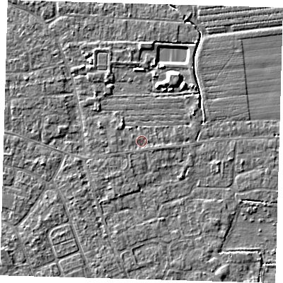 Shaded relief map of the ground around PE210PH, computed from Environment Agency LiDAR. The ground here sits at about 2 m above sea level and falls 5 m across the surrounding 800 m. Surface water reaching this point runs off ground lying to the east-south-east, 0.9 m higher.