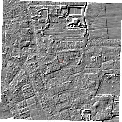 Shaded relief map of the ground around PE210PJ, computed from Environment Agency LiDAR. The ground here sits at about 2 m above sea level and falls 5 m across the surrounding 800 m. Surface water reaching this point runs off ground lying to the north-east, 1.1 m higher.