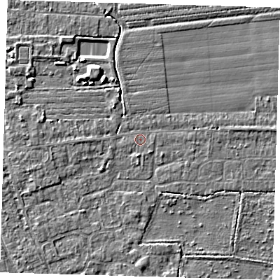 Shaded relief map of the ground around PE210PL, computed from Environment Agency LiDAR. The ground here sits at about 2 m above sea level and falls 5 m across the surrounding 800 m. The ground contributing surface water to this point lies to the south-east.