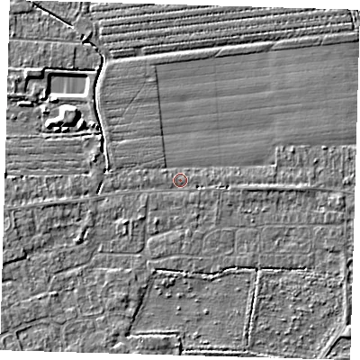 Shaded relief map of the ground around PE210PN, computed from Environment Agency LiDAR. The ground here sits at about 3 m above sea level and falls 5 m across the surrounding 800 m. Surface water reaching this point runs off ground lying to the east, 0.6 m higher.