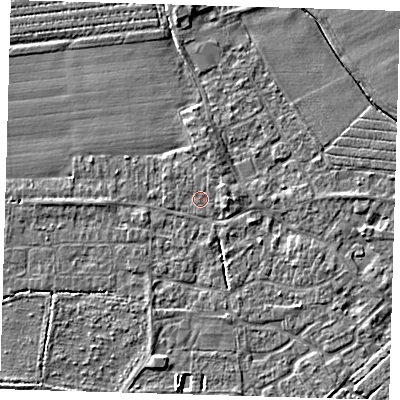 Shaded relief map of the ground around PE210PP, computed from Environment Agency LiDAR. The ground here sits at about 3 m above sea level and falls 4 m across the surrounding 800 m. Surface water reaching this point runs off ground lying to the north-north-east, 0.8 m higher.