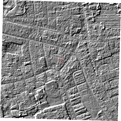 Shaded relief map of the ground around PE210PQ, computed from Environment Agency LiDAR. The ground here sits at about 2 m above sea level and falls 4 m across the surrounding 800 m. The ground contributing surface water to this point lies to the north-east.