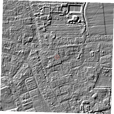 Shaded relief map of the ground around PE210PR, computed from Environment Agency LiDAR. The ground here sits at about 2 m above sea level and falls 5 m across the surrounding 800 m. The ground contributing surface water to this point lies to the north.