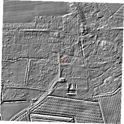 Shaded relief map of the ground around PE210PT, computed from Environment Agency LiDAR. The ground here sits at about 3 m above sea level and falls 5 m across the surrounding 800 m. Surface water reaching this point runs off ground lying to the south-south-east, 2.4 m higher.
