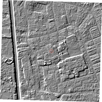 Shaded relief map of the ground around PE210PU, computed from Environment Agency LiDAR. The ground here sits at about 3 m above sea level and falls 5 m across the surrounding 800 m. The ground contributing surface water to this point lies to the north.