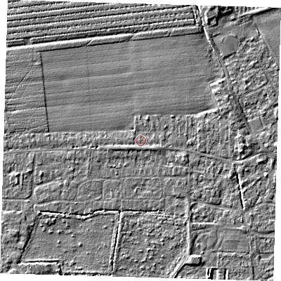 Shaded relief map of the ground around PE210PW, computed from Environment Agency LiDAR. The ground here sits at about 3 m above sea level and falls 3 m across the surrounding 800 m. Surface water reaching this point runs off ground lying to the east-south-east, 0.8 m higher.