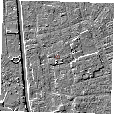 Shaded relief map of the ground around PE210PX, computed from Environment Agency LiDAR. The ground here sits at about 3 m above sea level and falls 6 m across the surrounding 800 m. Surface water reaching this point runs off ground lying to the south, 2.2 m higher.