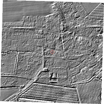 Shaded relief map of the ground around PE210QB, computed from Environment Agency LiDAR. The ground here sits at about 3 m above sea level and falls 5 m across the surrounding 800 m. Surface water reaching this point runs off ground lying to the south, 2.4 m higher.