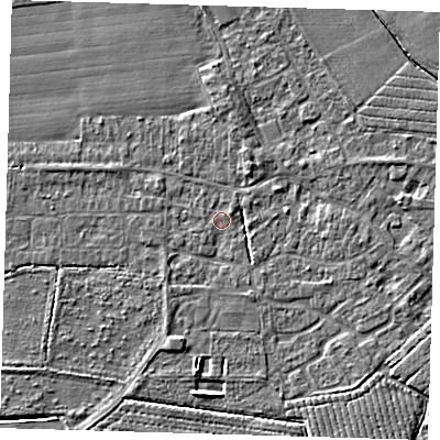 Shaded relief map of the ground around PE210QE, computed from Environment Agency LiDAR. The ground here sits at about 2 m above sea level and falls 5 m across the surrounding 800 m. Surface water reaching this point runs off ground lying to the south, 2.7 m higher.