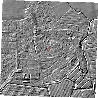 Shaded relief map of the ground around PE210QF, computed from Environment Agency LiDAR. The ground here sits at about 3 m above sea level and falls 4 m across the surrounding 800 m. Surface water reaching this point runs off ground lying to the east-north-east, 0.9 m higher.