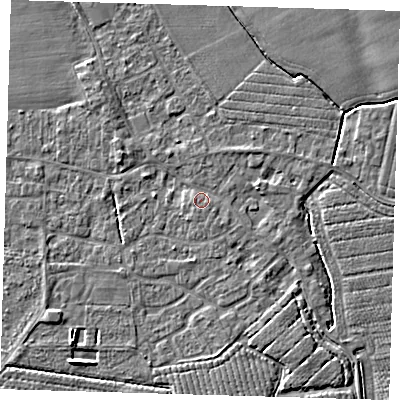 Shaded relief map of the ground around PE210QG, computed from Environment Agency LiDAR. The ground here sits at about 3 m above sea level and falls 4 m across the surrounding 800 m. Surface water reaching this point runs off ground lying to the east, 1.7 m higher.