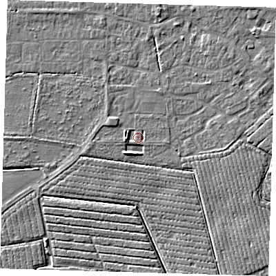 Shaded relief map of the ground around PE210QJ, computed from Environment Agency LiDAR. The ground here sits at about 3 m above sea level and falls 5 m across the surrounding 800 m. Surface water reaching this point runs off ground lying to the west, 2.4 m higher.