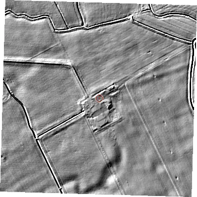 Shaded relief map of the ground around PE210QP, computed from Environment Agency LiDAR. The ground here sits at about 3 m above sea level and falls 3 m across the surrounding 800 m. The ground contributing surface water to this point lies to the north-east.