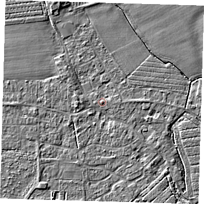 Shaded relief map of the ground around PE210QQ, computed from Environment Agency LiDAR. The ground here sits at about 3 m above sea level and falls 4 m across the surrounding 800 m. Surface water reaching this point runs off ground lying to the south, 1.0 m higher.
