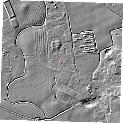 Shaded relief map of the ground around PE210QS, computed from Environment Agency LiDAR. The ground here sits at about 3 m above sea level and falls 5 m across the surrounding 800 m. Surface water reaching this point runs off ground lying to the south-south-east, 1.0 m higher.