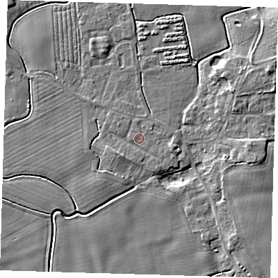 Shaded relief map of the ground around PE210QU, computed from Environment Agency LiDAR. The ground here sits at about 3 m above sea level and falls 6 m across the surrounding 800 m. Surface water reaching this point runs off ground lying to the east-south-east, 1.1 m higher.