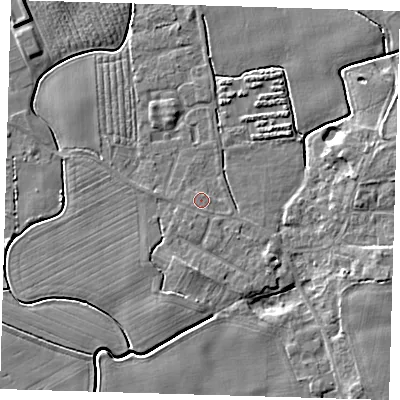 Shaded relief map of the ground around PE210QX, computed from Environment Agency LiDAR. The ground here sits at about 3 m above sea level and falls 5 m across the surrounding 800 m. The ground contributing surface water to this point lies to the south.