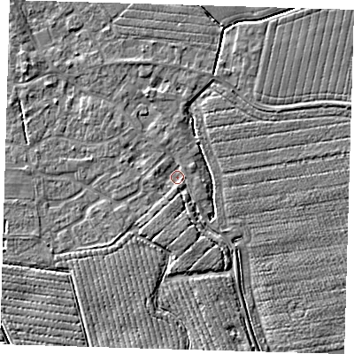 Shaded relief map of the ground around PE210QY, computed from Environment Agency LiDAR. The ground here sits at about 3 m above sea level and falls 4 m across the surrounding 800 m. Surface water reaching this point runs off ground lying to the west, 1.5 m higher.