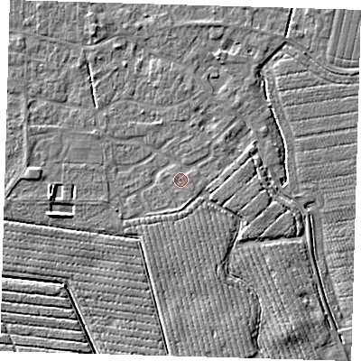 Shaded relief map of the ground around PE210QZ, computed from Environment Agency LiDAR. The ground here sits at about 3 m above sea level and falls 5 m across the surrounding 800 m. Surface water reaching this point runs off ground lying to the east-south-east, 0.5 m higher.